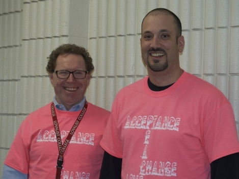 Student Success Mentors David Beer and Sean Fitzgibbon support Pink Shirt Day on campus.