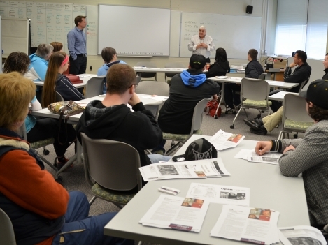 Prospective students learned more about the Recreation and Leisure Services program from Professor Jake Sandison (left) and Program Coordinator Brian Bentley (right). 