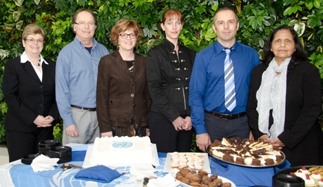(l-r) Dianne Spencer – Executive Director College Advancement and External Relations, Keith Taylor, Director of the Quinte Drinking Water Source Protection program, Loyalist College President Maureen Piercy, Professor Jacki Hansford, Professor Eric Bauer and Aruna Alexander of the United Nations Association of Canada - Quinte