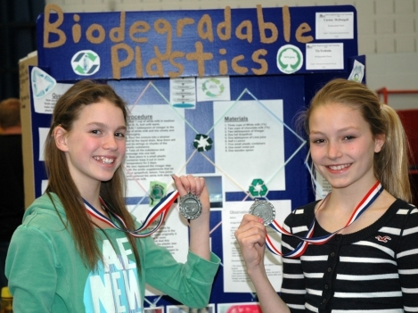Carson McDougall (left) and Tia Svoboda, Harry J. Clarke Destination students at Moira Secondary School, explored Biodegradable Plastics to capture their medals.  